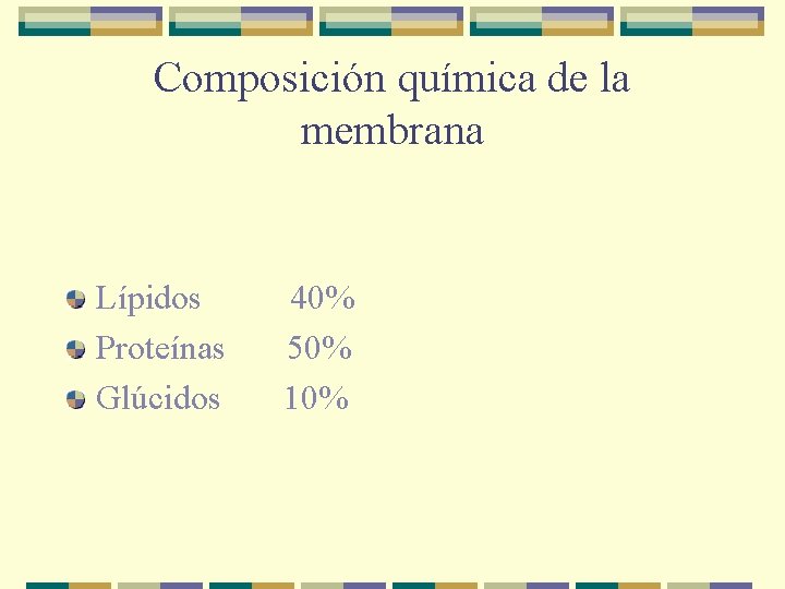 Composición química de la membrana Lípidos Proteínas Glúcidos 40% 50% 10% 