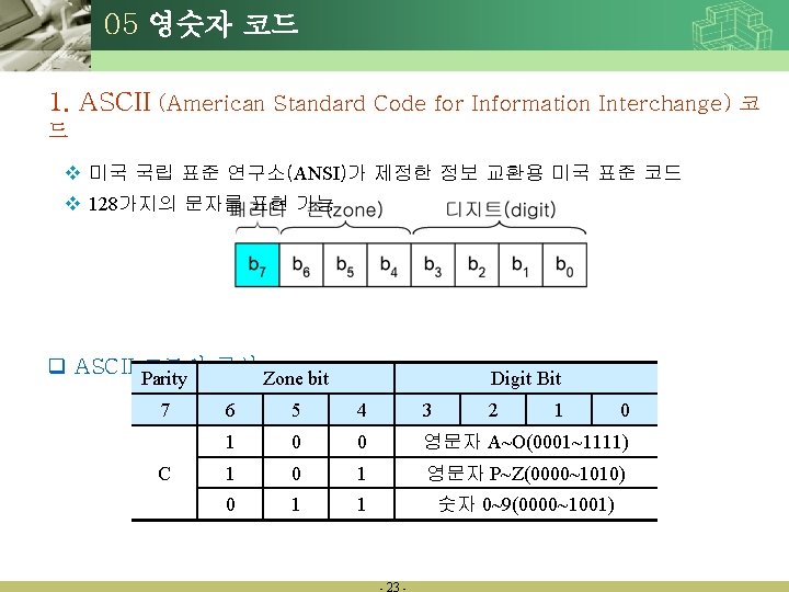 05 영숫자 코드 1. ASCII (American Standard Code for Information Interchange) 코 드 v