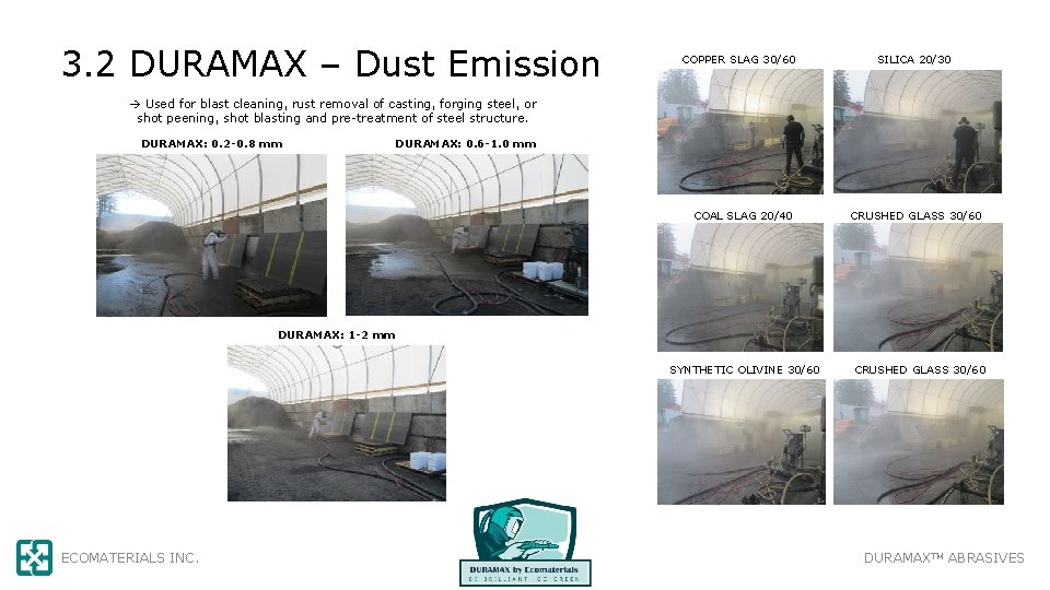 3. 2 DURAMAX – Dust Emission COPPER SLAG 30/60 SILICA 20/30 Used for blast