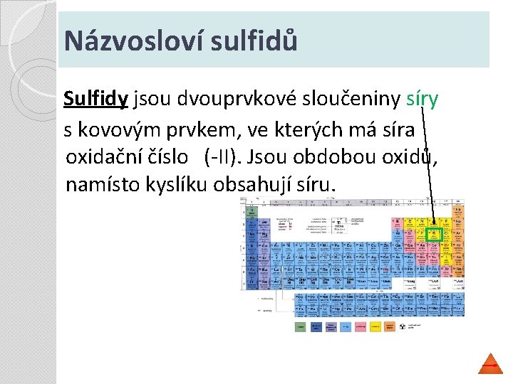 Názvosloví sulfidů Sulfidy jsou dvouprvkové sloučeniny síry s kovovým prvkem, ve kterých má síra