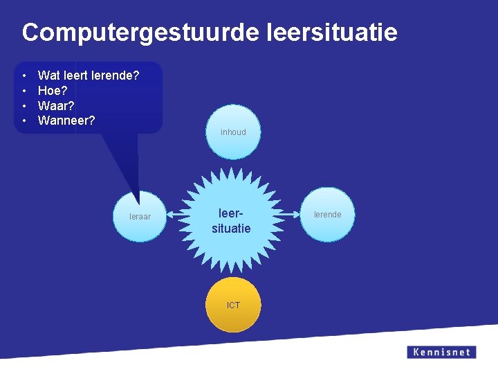 Computergestuurde leersituatie • • Wat leert lerende? Hoe? Waar? Wanneer? inhoud leraar leersituatie ICT