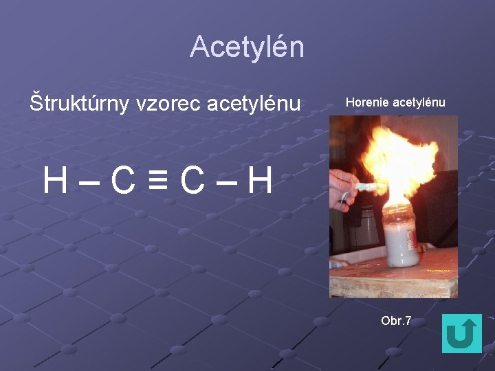 Acetylén Štruktúrny vzorec acetylénu Horenie acetylénu H–C≡C–H Obr. 7 