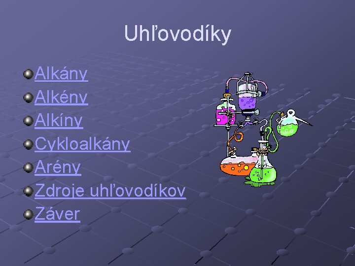 Uhľovodíky Alkány Alkény Alkíny Cykloalkány Arény Zdroje uhľovodíkov Záver 