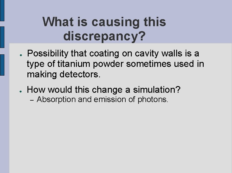 What is causing this discrepancy? ● ● Possibility that coating on cavity walls is