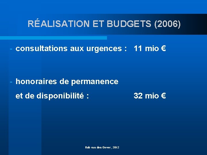 RÉALISATION ET BUDGETS (2006) - consultations aux urgences : 11 mio € - honoraires