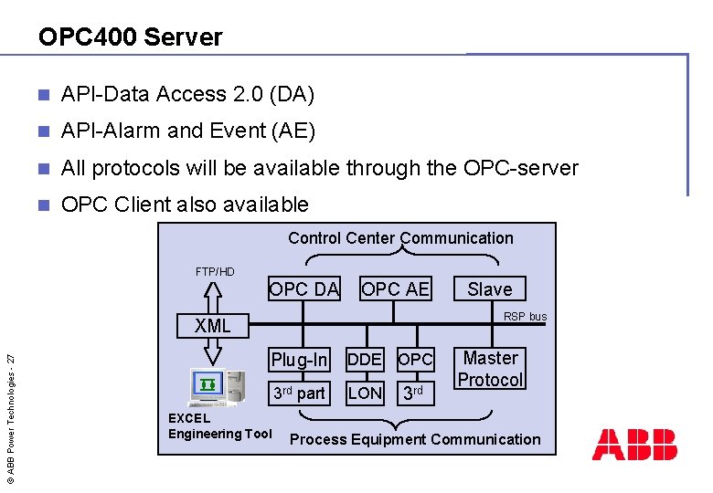 OPC 400 Server n API-Data Access 2. 0 (DA) n API-Alarm and Event (AE)