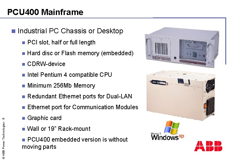 PCU 400 Mainframe © ABB Power Technologies - 6 n Industrial PC Chassis or