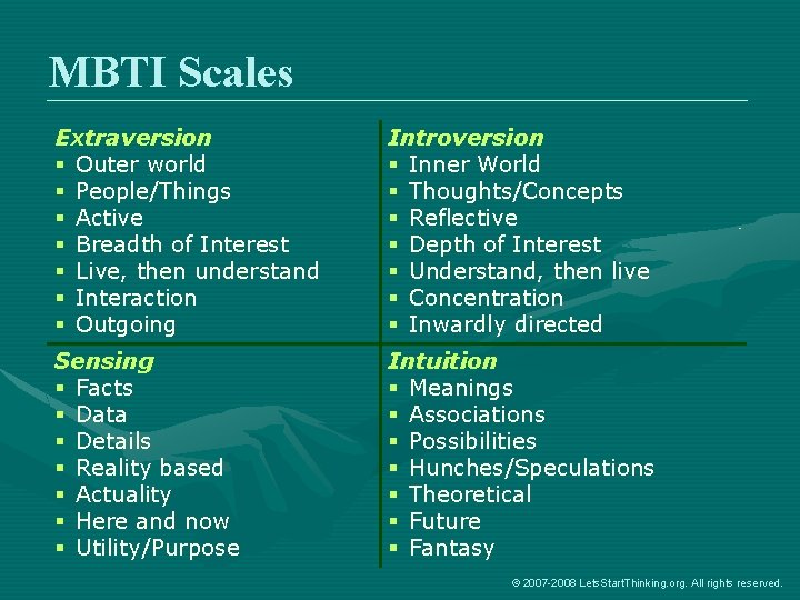 MBTI Scales Extraversion § Outer world § People/Things § Active § Breadth of Interest