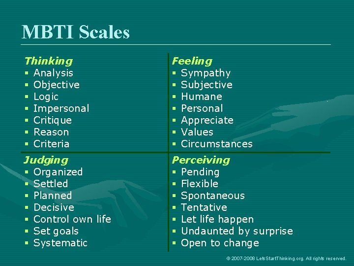 MBTI Scales Thinking § Analysis § Objective § Logic § Impersonal § Critique §