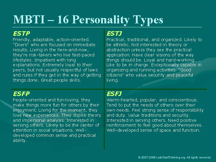 MBTI – 16 Personality Types ESTP ESTJ ESFP ESFJ Friendly, adaptable, action-oriented. "Doers" who