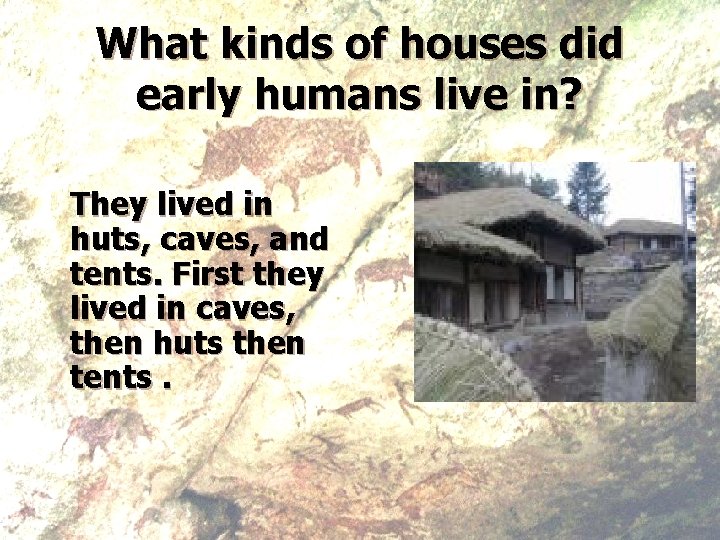 What kinds of houses did early humans live in? They lived in huts, caves,