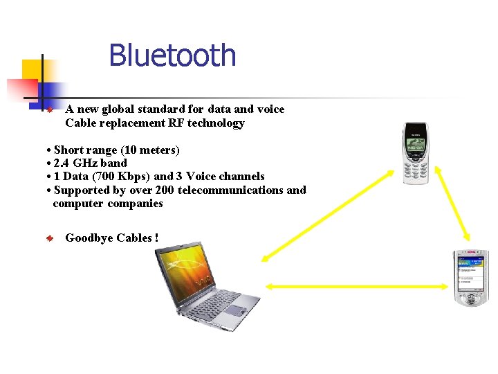 Bluetooth A new global standard for data and voice Cable replacement RF technology •