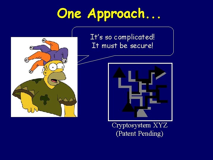 One Approach. . . It’s so complicated! It must be secure! Cryptosystem XYZ (Patent