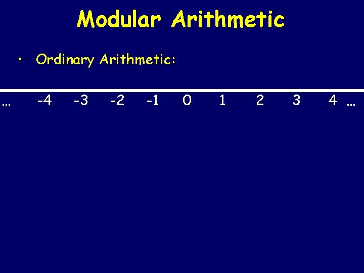 Modular Arithmetic • Ordinary Arithmetic: … -4 -3 -2 -1 0 1 2 3