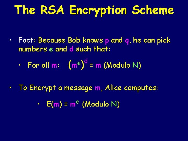 The RSA Encryption Scheme • Fact: Because Bob knows p and q, he can