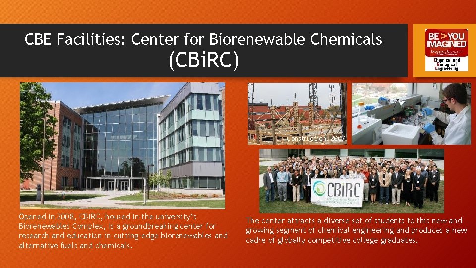 CBE Facilities: Center for Biorenewable Chemicals (CBi. RC) Construction, 2007 Opened in 2008, CBi.