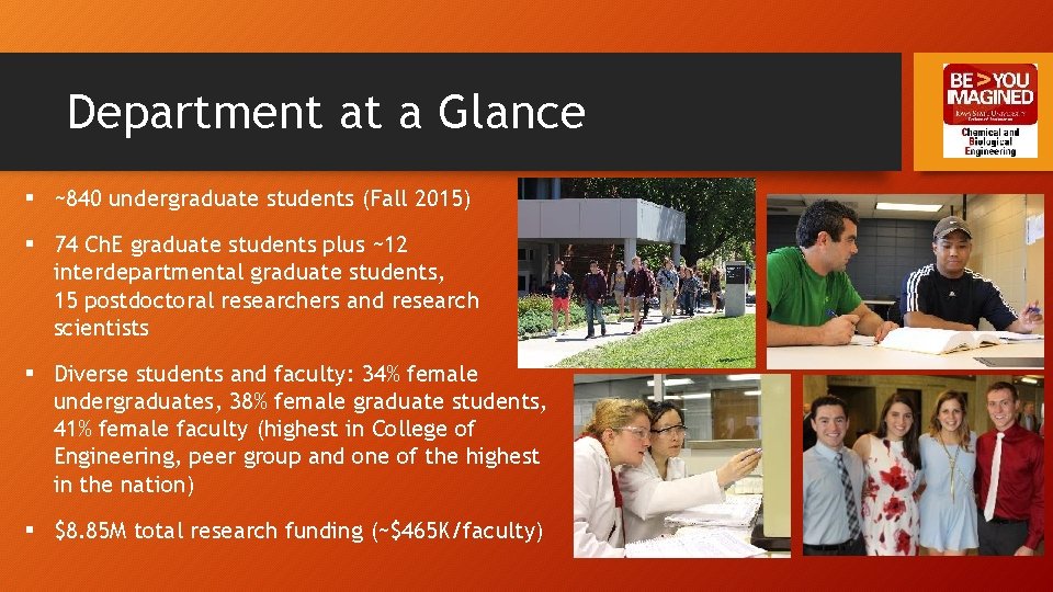 Department at a Glance § ~840 undergraduate students (Fall 2015) § 74 Ch. E