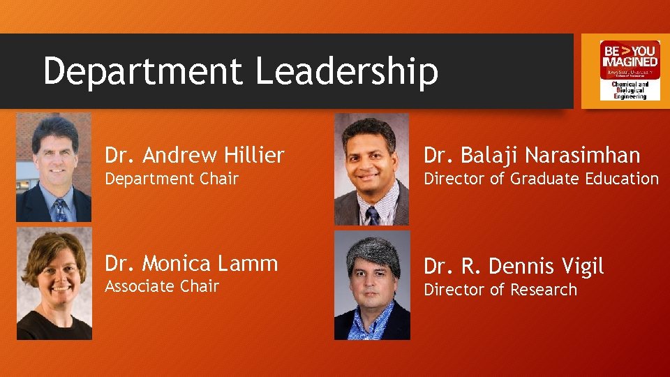 Department Leadership Dr. Andrew Hillier Dr. Balaji Narasimhan Department Chair Director of Graduate Education