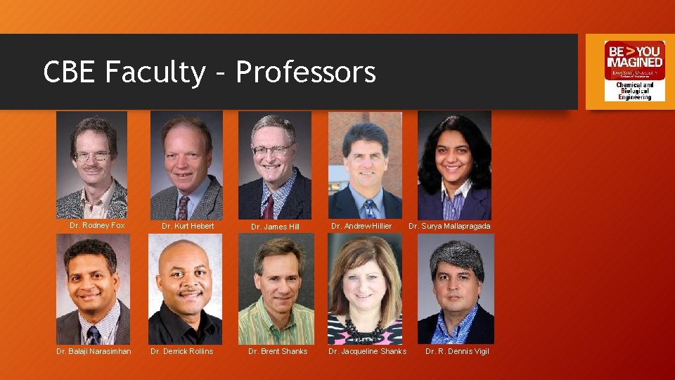 CBE Faculty – Professors Dr. Rodney Fox Dr. Balaji Narasimhan Dr. Kurt Hebert Dr.