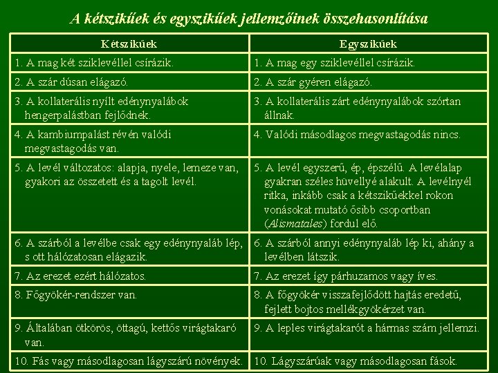 A kétszikűek és egyszikűek jellemzőinek összehasonlítása Kétszikűek Egyszikűek 1. A mag két sziklevéllel csírázik.