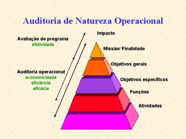 Auditoria de Natureza Operacional Impacto Avaliação de programa efetividade Missão/ Finalidade Objetivos gerais Auditoria