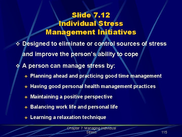 Slide 7. 12 Individual Stress Management Initiatives v Designed to eliminate or control sources