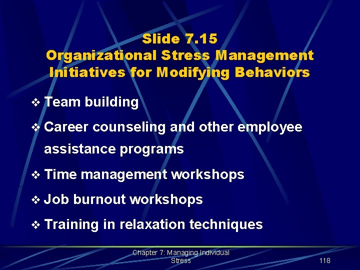 Slide 7. 15 Organizational Stress Management Initiatives for Modifying Behaviors v Team building v