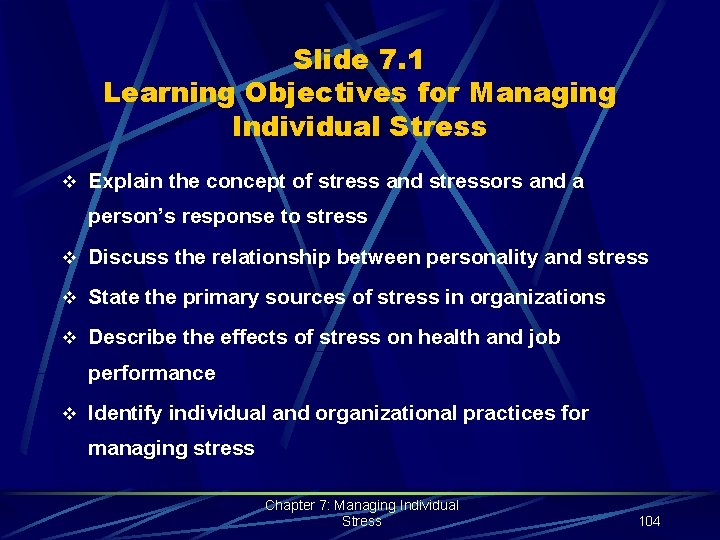 Slide 7. 1 Learning Objectives for Managing Individual Stress v Explain the concept of