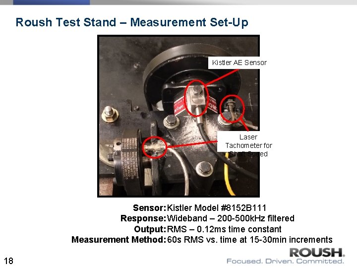 Roush Test Stand – Measurement Set-Up Kistler AE Sensor Laser Tachometer for Shaft Speed Roush Test Stand – Measurement Set-Up Kistler AE Sensor Laser Tachometer for Shaft Speed