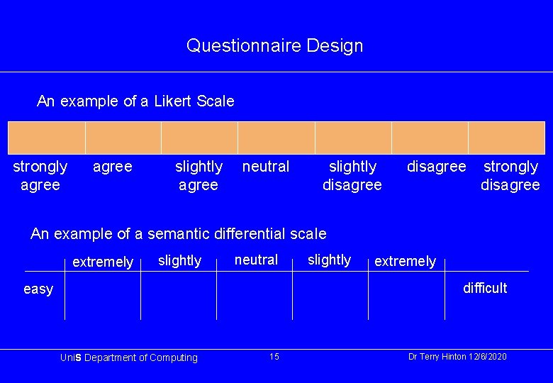 Questionnaire Design An example of a Likert Scale strongly agree slightly agree neutral slightly