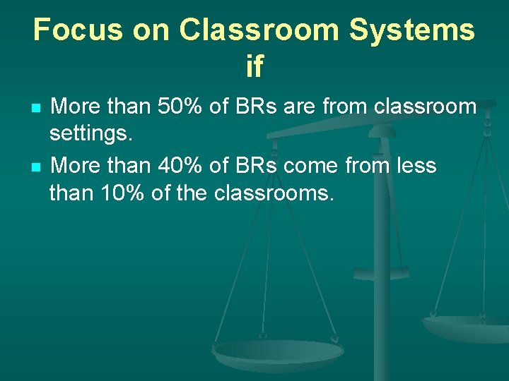 Focus on Classroom Systems if n n More than 50% of BRs are from