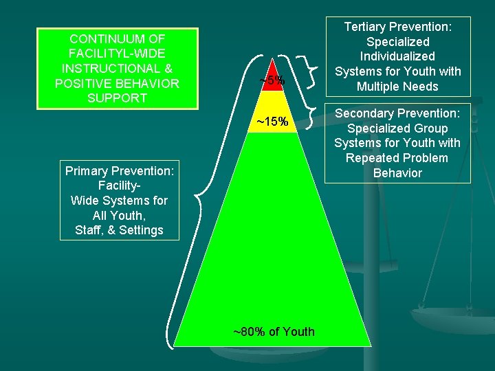 CONTINUUM OF FACILITYL-WIDE INSTRUCTIONAL & POSITIVE BEHAVIOR SUPPORT ~5% ~15% Primary Prevention: Facility. Wide
