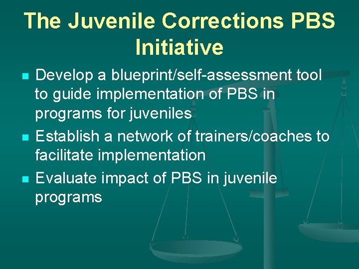 The Juvenile Corrections PBS Initiative n n n Develop a blueprint/self-assessment tool to guide