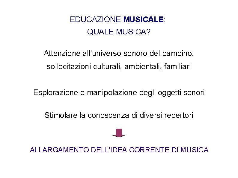 EDUCAZIONE MUSICALE: QUALE MUSICA? Attenzione all'universo sonoro del bambino: sollecitazioni culturali, ambientali, familiari Esplorazione