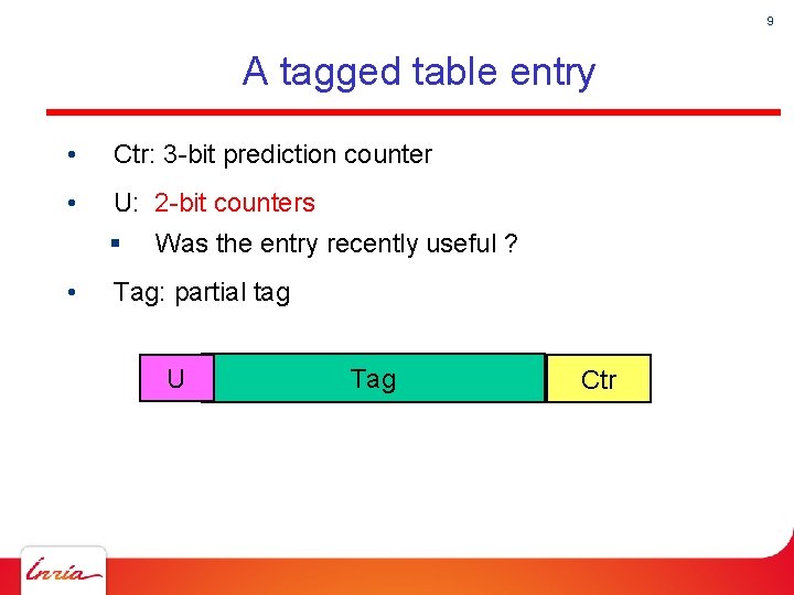 9 A tagged table entry • Ctr: 3 -bit prediction counter • U: 2