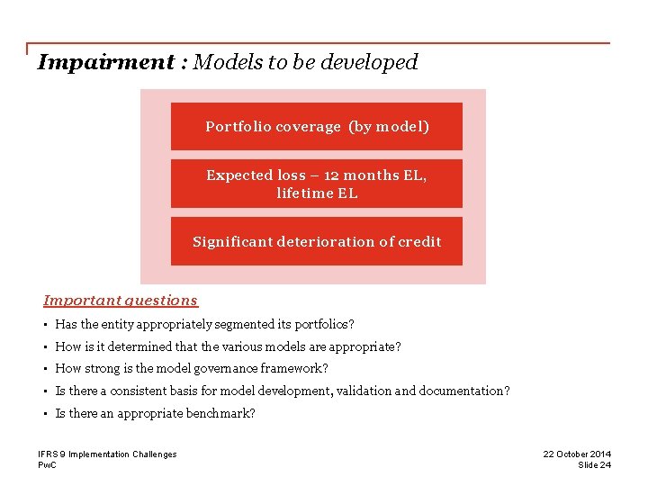 Impairment : Models to be developed Portfolio coverage (by model) Expected loss – 12