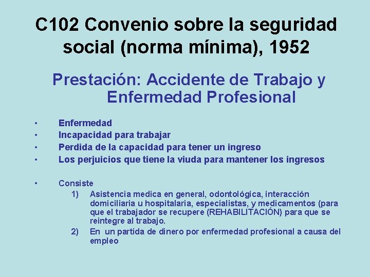 C 102 Convenio sobre la seguridad social (norma mínima), 1952 Prestación: Accidente de Trabajo