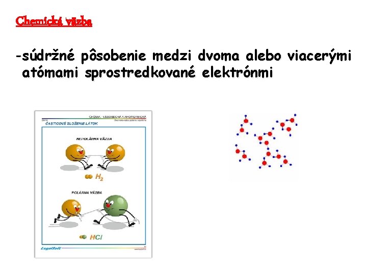 Chemická väzba -súdržné pôsobenie medzi dvoma alebo viacerými atómami sprostredkované elektrónmi 