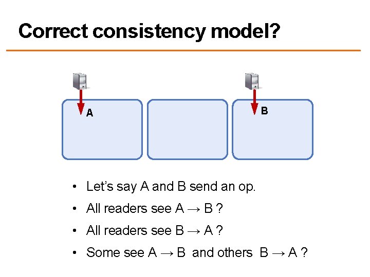 Correct consistency model? A B • Let’s say A and B send an op.