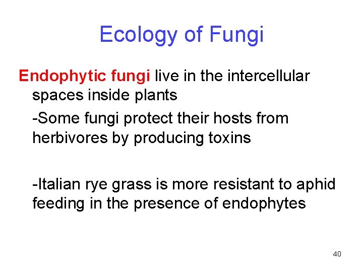 Ecology of Fungi Endophytic fungi live in the intercellular spaces inside plants -Some fungi