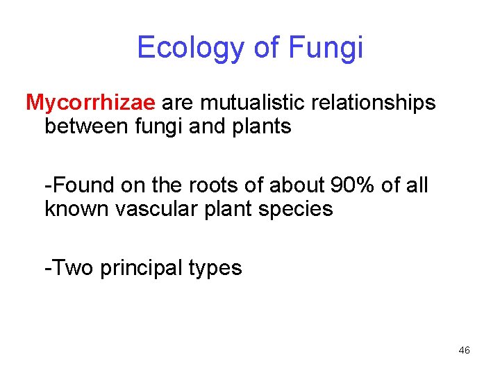 Ecology of Fungi Mycorrhizae are mutualistic relationships between fungi and plants -Found on the