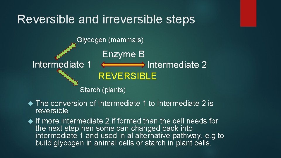 Reversible and irreversible steps Glycogen (mammals) Intermediate 1 Enzyme B Intermediate 2 REVERSIBLE Starch