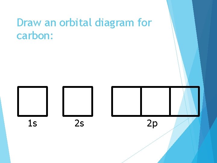 Draw an orbital diagram for carbon: 1 s 2 s 2 p 