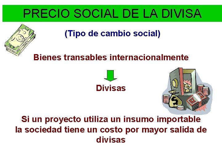 PRECIO SOCIAL DE LA DIVISA (Tipo de cambio social) Bienes transables internacionalmente Divisas Si