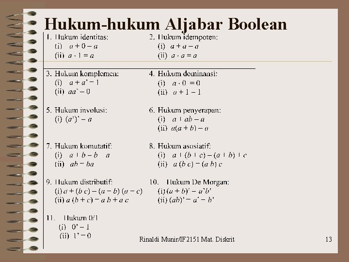 Hukum-hukum Aljabar Boolean Rinaldi Munir/IF 2151 Mat. Diskrit 13 