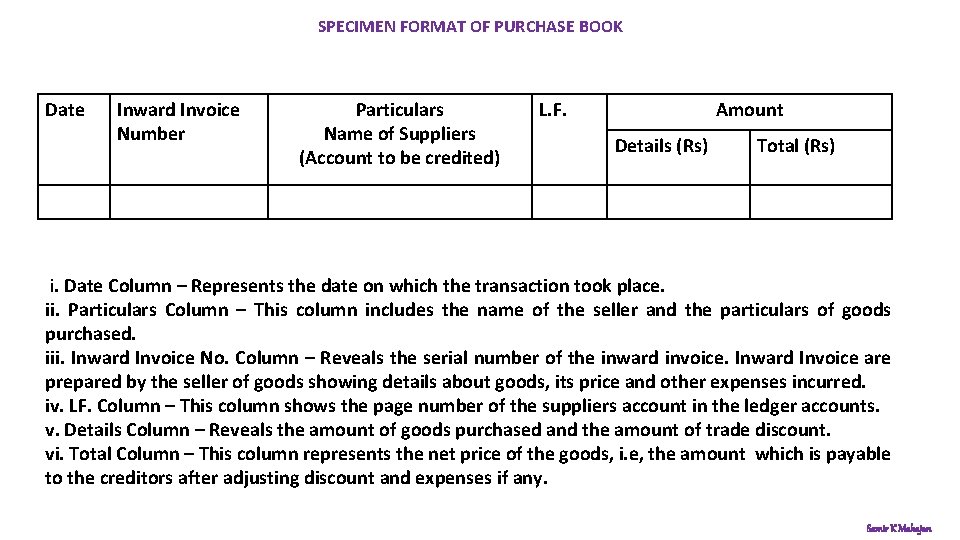 SPECIMEN FORMAT OF PURCHASE BOOK Date Inward Invoice Number Particulars Name of Suppliers (Account