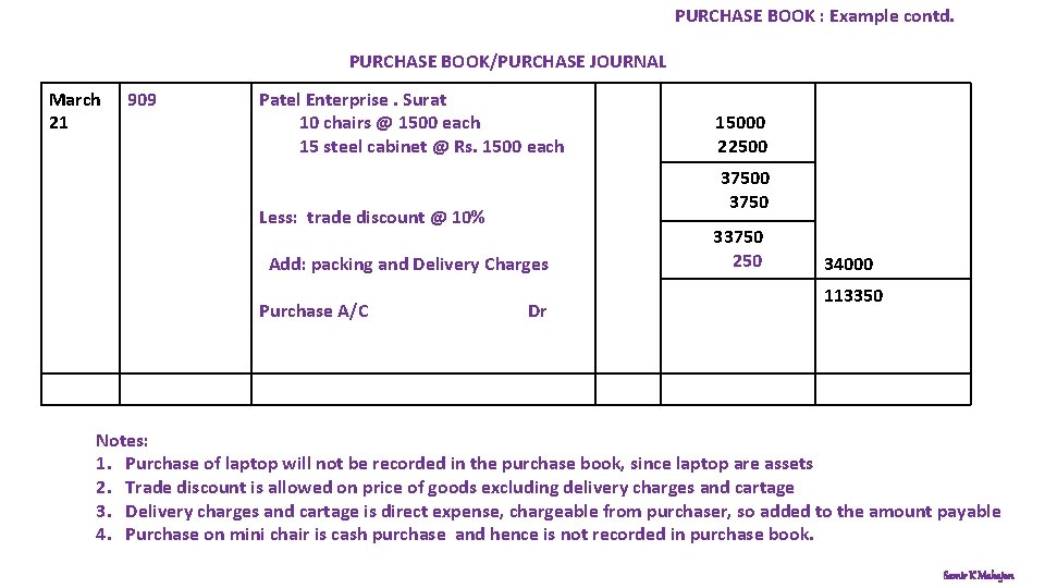 PURCHASE BOOK : Example contd. PURCHASE BOOK/PURCHASE JOURNAL March 21 909 Patel Enterprise. Surat