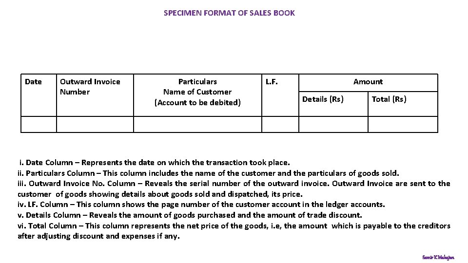 SPECIMEN FORMAT OF SALES BOOK Date Outward Invoice Number Particulars Name of Customer (Account