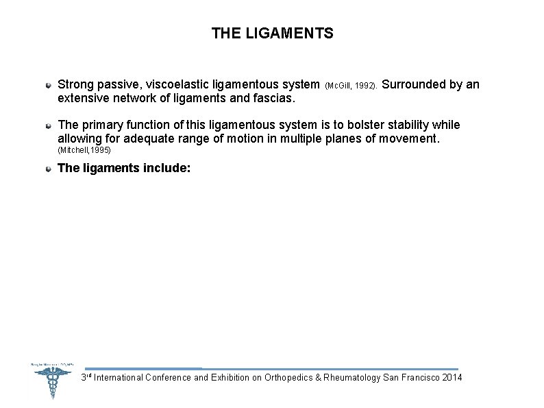 THE LIGAMENTS Strong passive, viscoelastic ligamentous system (Mc. Gill, 1992). Surrounded by an extensive