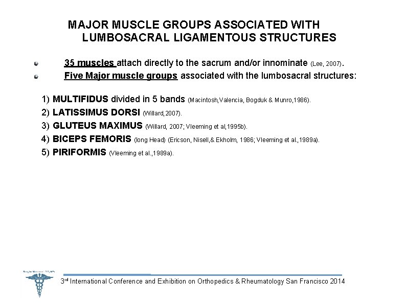 MAJOR MUSCLE GROUPS ASSOCIATED WITH LUMBOSACRAL LIGAMENTOUS STRUCTURES 35 muscles attach directly to the